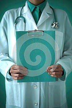 Doctor with a teal clipboard in a clinical setting.