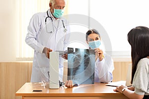 Doctor Team examining and checking at chest and lung x ray film of patient at hospital room