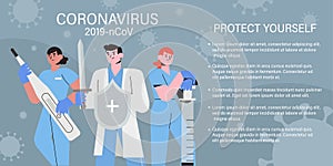 Doctor team or medical health care professionals fighting with coronavirus pandemic or coronavirus disease 2019 COVID-19. Informin