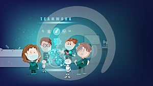 Doctor teamwork, cartoon character plan for prevent virus infection, medical healthcare protection concept, creative design,