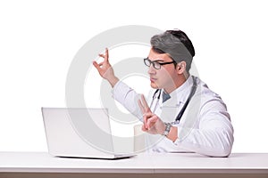 The doctor in telemediine mhealth concept on white photo