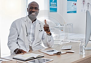 Doctor with thumbs up, success and trust hand sign or emoji for good healthcare, medical breakthrough or positive