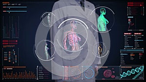Doctor touching digital screen, Female body scanning blood vessel, lymphatic, circulatory system in digital display dashboard.