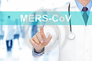 Doctor touching MERS-CoV sign on virtual screen photo