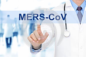 Doctor touching MERS-CoV tab on virtual screen photo