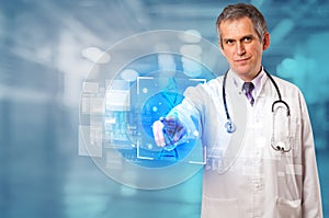 Doctor touching screen with biology and genetic concept