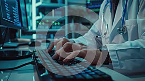 The Doctor Typing at Computer.AI generated image