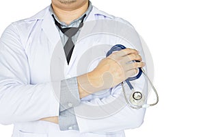 Doctor in uniform standing and holding a stethoscope working Isolated on whitel with a health care