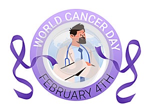 doctor in uniform with stethoscope and purple ribbon world cancer day breast disease awareness prevention poster 4