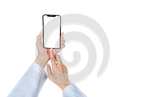 Doctor use mobile phone to communicate with nurse or healthcare providers to consult about patients information in hospital.