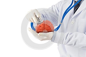Doctor use stethoscope check 3D brain photo