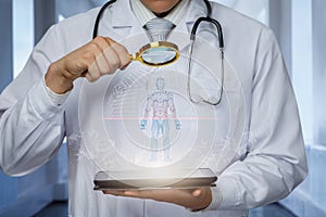 The doctor uses a magnifying glass to examine the patient