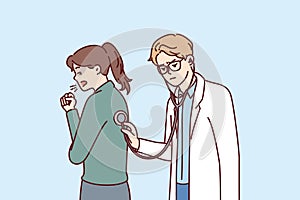 Doctor uses stethoscope examining coughing patient and auscultating woman suffering from flu