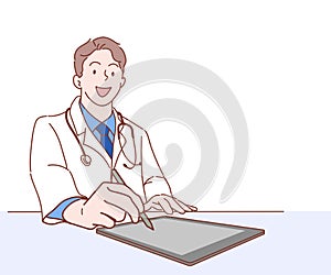 The doctor uses a tablet to diagnose fever.