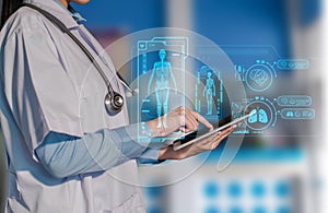 Doctor using clipboard and digital tablet find information patient medical history at the hospital. Medical technology concept