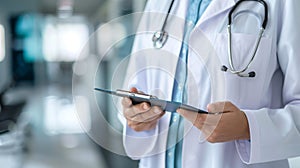 Doctor using a digital tablet.. Close-up of a doctor in a lab coat using a digital tablet, focusing on patient data in a hospital