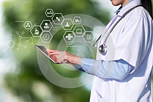 Doctor using digital tablet find information patient medical history. Medical technology concept