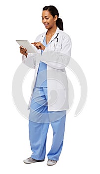 Doctor Using Digital Tablet Over White Background