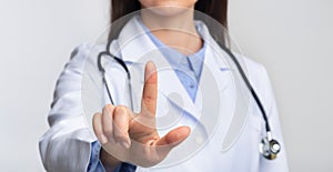 Doctor Using Invisible Medical Touchscreen Pressing Button, Cropped, Panorama