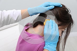 Doctor using nit comb on little girl`s hair indoors. Anti lice treatment photo