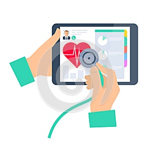 Doctor using a stethoscope on a tablet. Telemedicine and telehealth.