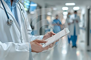 Doctor using tablet in busy hospital hallway