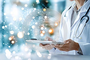 Doctor using tablet with digital network connections in modern medical technology concept