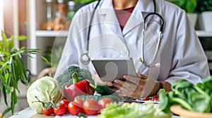 Doctor Using Tablet Surrounded by Vegetables