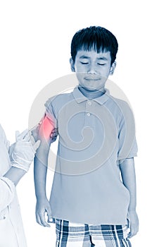 Doctor vaccinating boy`s arm. Human health care and medical conc