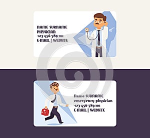 Doctor vector business card doctoral character professional medical worker physician with medicine-chest in clinic