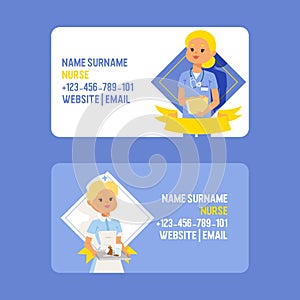 Doctor vector business card doctoral woman character professional medical worker nurse girl physician in clinic