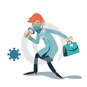 Doctor virologist character with magnifying glass and cartoon design vector illustration