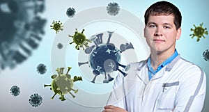 Doctor and virus on light background