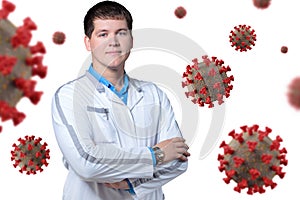 Doctor and virus on white background