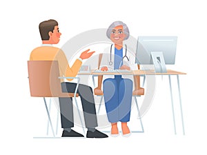 Doctor visit. Check up. Woman doctor and patient. Vector illustration