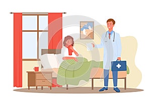 Doctor visit, medical diagnostic healthcare service concept with sick patient in bed