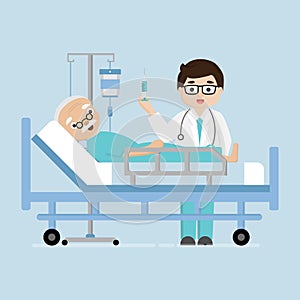 Doctor visit  patient elderl man lying in a medical bed.