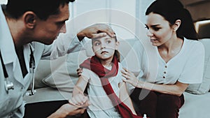 Doctor Visiting Little Girl in Red Scarf with Cold