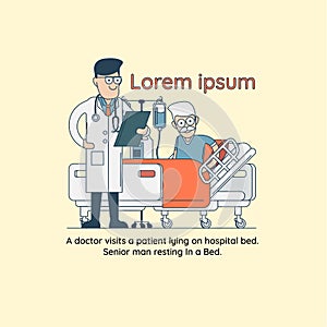 A doctor visits a patient lying on hospital bed. Senior man resting In a Bed.