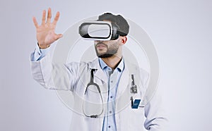 Doctor, VR vision and glasses for medical software, metaverse, futuristic technology and digital experience in studio