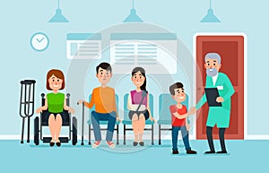 Doctor waiting room. Patients wait doctors and medical help on chairs in hospital. Patient at busy clinic hall vector illustration