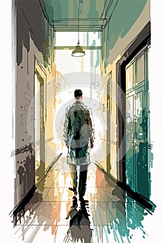 Doctor walking in the hospital hallways, night shift concept old asylum.