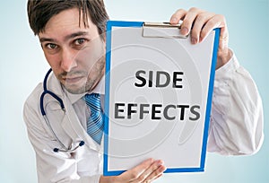 Doctor is warning against side effects of medicine. View from top photo