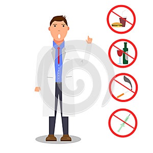 Doctor warns about bad habits. Doctor forbids bad habits. Stop bad habits. stop signs drinking alcohol, smoking, overeating, drugs photo
