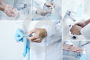 Doctor washing hands and putting on surgical glove