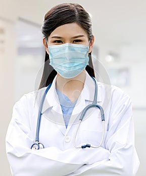 Doctor wear face mask in hospital protect from coronavirus disease or COVID-19. photo