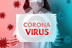 Doctor wearing mask covering mouth and nose and hand holding label text corona virus