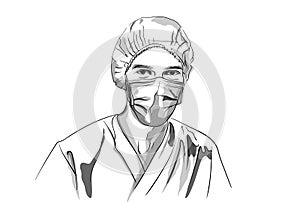 Doctor wearing a mask Vector sketch. Storyboard character detailed illustrations