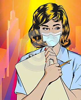 Doctor wearing medical face mask. City scape on the background. Sun lights, colorful city on the background