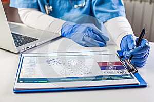 Doctor wearing protective gloves working on laptop computer